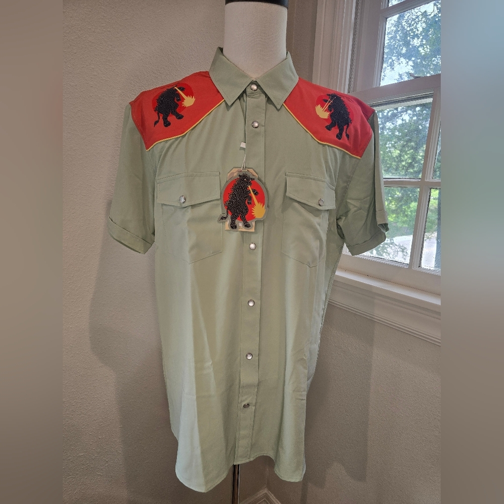 RSVLTS Men's Olive Shirt with Bold Red Accents